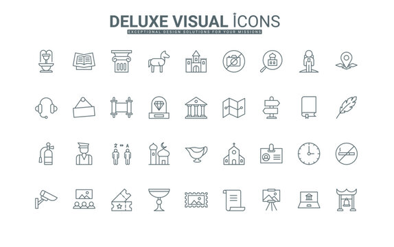 Sculpture, statue, and picture collection of thin black outline symbols vector illustration. City museum exhibit and building, heritage gallery of history and culture, archeology line icons set.