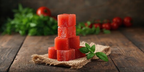 Frozen tomato juice cubes, useful for quick beverage preparation, convenience and freshness