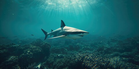 Fototapeta premium Cuban grey reef shark gliding through coral reef habitat, highlighting underwater biodiversity