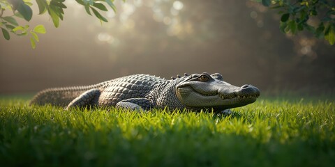 Alligator lying on grass with detailed scales and pointed features, natural environment scene, conservation focus