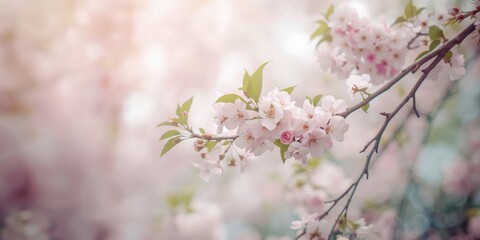 Soft-focus image of Sakura cherry blossoms in full spring bloom for floral background use