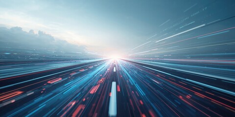 Digital data transfer on a highway with motion blur fast speed, reflecting future digital transformation, disruptive innovation, and agile business methodology