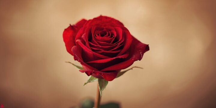 Close-up of a single blooming red rose against a soft light brown background, floral beauty and color contrast - Powered by Adobe