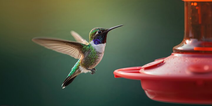 Closeup of a small hummingbird at a bird feeder against a soft background, highlighting birdwatching and wildlife engagement