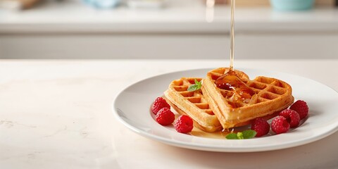 Belgian waffles molded into a heart shape with fresh raspberries, ideal for breakfast layout
