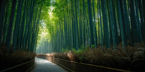Fototapeta premium Sagano Bamboo Grove dense stalks used as a natural backdrop for design projects