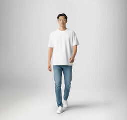 Oversized white t-shirt template on Asian man in blue jeans, full length front view, stylish streetwear, isolated on background. AI generation.