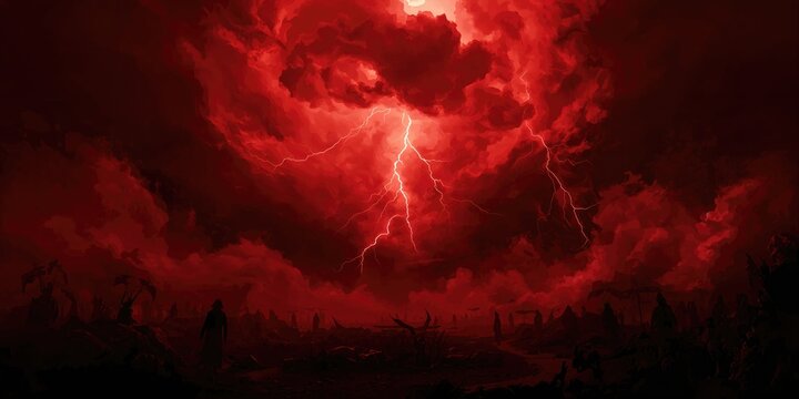 Dramatic hell realm scene with dark red apocalyptic sky and lightning, visual representation of judgement day and eternal damnation