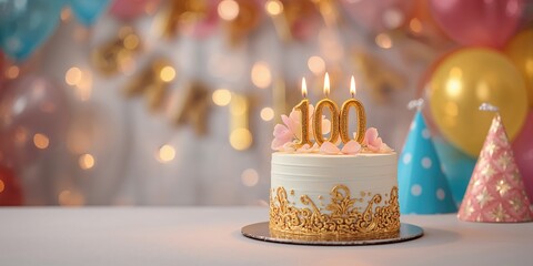 Birthday celebration with a cake featuring a 100 candle, milestone achievement
