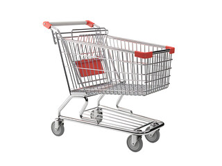 A shiny metal shopping cart with red handle grips and details against a black background
