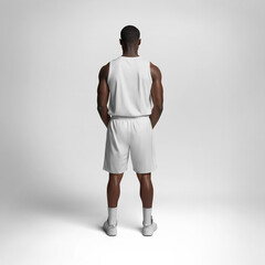 Template of white jersey, shorts, socks, sneakers on dark-skinned athlete back view, suit for design. AI generation.