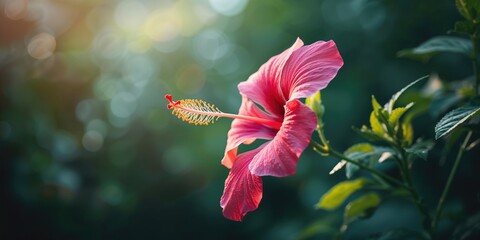 Bright pink hibiscus blossom against colorful backdrop, ideal for nature-inspired layouts