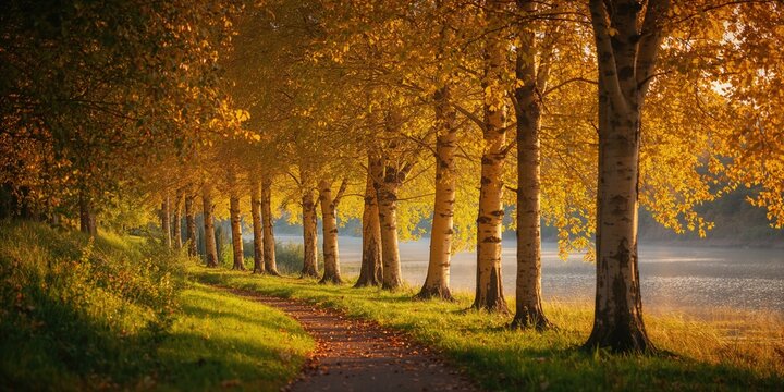Autumn scene of a birch tree alley with yellow and golden foliage illuminated by sunlight, suitable for peaceful strolls and nature listening by the river