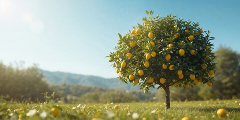 Fototapeta premium Lemon tree with vibrant yellow fruit, natural growth and fruit ripening process
