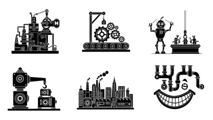 Obraz premium Black and white vector illustration of various industrial machines conveyor belts and robotic arms in a factory setting