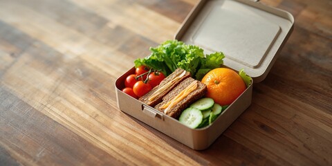 Healthy open lunch box with bread for take away, fiber-dense choice for portable meals