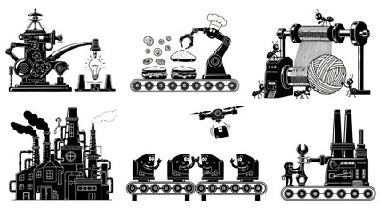 Fototapeta premium Innovative industrial production and automation set: factory creating light bulbs, robotic burger assembly, ant teamwork in textile, drone delivery, and packaging solutions