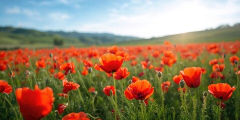 Obraz premium A vibrant field of red poppies with lush green stems and leaves, suitable for a floral background or nature layout
