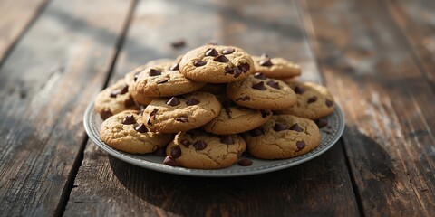 Naklejka premium Selective focus on a plate of chocolate chip cookies resting on a table surface, Food & Drink, no holiday