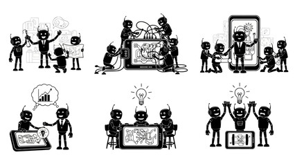 Fototapeta premium Robots working together on innovation and strategy development black and white vector set, artificial intelligence business collaboration in technology industry