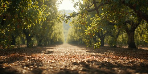 Harvested almonds resting on the soil surface, illustrating post-harvest handling
