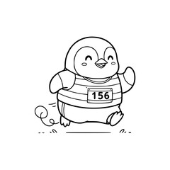 Cute Penguin Running Line Art. Kawaii Cartoon Black and White Vector Icon for Coloring Book, Sports Mascot, Fitness, Marathon, or Simple Active Design. Generative AI