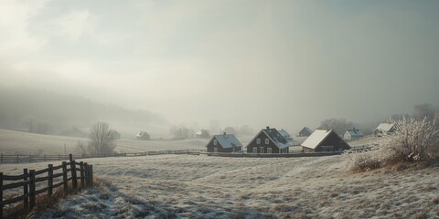 Snow-dusted rooftops and hills in a scenic winter village captured from above, ideal for layout backgrounds, World Snow Day