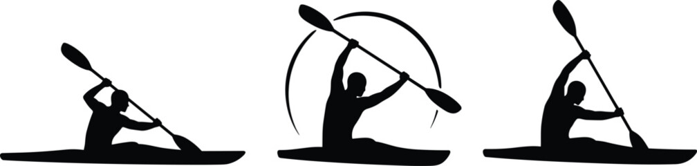 Set of Silhouettes of Kayakers or Canoers Paddling in Water, Showing Different Strokes and Poses, Representing Water Sports, Recreation, and Outdoor Adventure Activities.