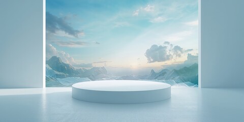 Modern white platform for creative work in a futuristic residential environment, emphasizing minimalism