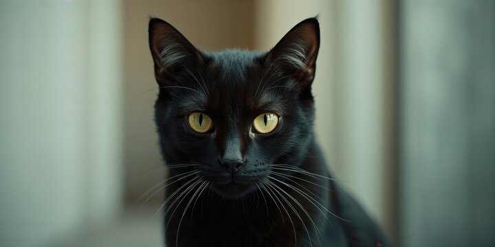 Close-up of a black cat with yellow eyes resting indoors, focusing on eye color and fur texture, no observance specified