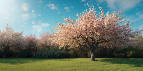 Naklejka premium Springtime orchard with flowering fruit trees and lush greenery, illustrating seasonal renewal