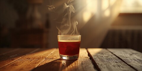 Wooden table with a half-filled chai glass steaming, ideal for social media cozy content, winter warmth