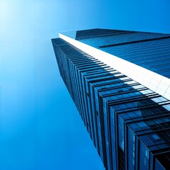 Sleek modern skyscraper with angular glass and steel facade reaching into a clear blue sky. Contemporary architectural design with copy space.