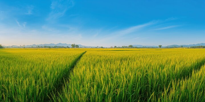 Ripe paddy field ready for harvest in a rural landscape, seasonal agricultural activities
