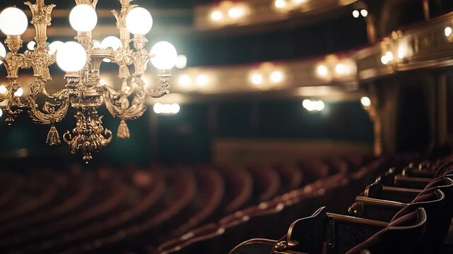 Video A large chandelier hangs from the ceiling of a theatre, providing warm light to the auditorium