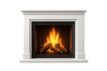 Fireplace with burning logs providing cozy warmth, elegant classic hearth, warm comfortable home ambiance on transparent background