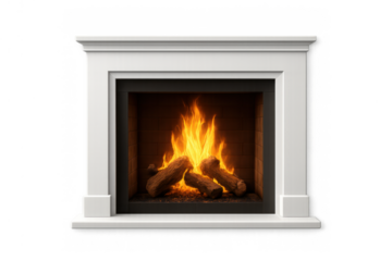 Fireplace with burning logs providing cozy warmth, elegant classic hearth, warm comfortable home ambiance on transparent background