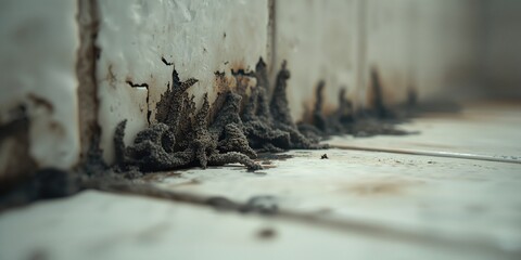 Detailed view of mold accumulation along bathroom seams, cleaning challenges, hygiene inspection