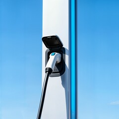 Modern electric vehicle charging at a public station, with a close-up on the charging port and cable. Concept of sustainable green energy, e-mobility, and future transportation.