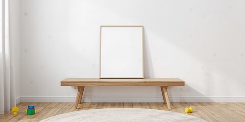 Mock-up poster frame on a wooden shelf in a child's room, serving as a background for educational or decorative layout