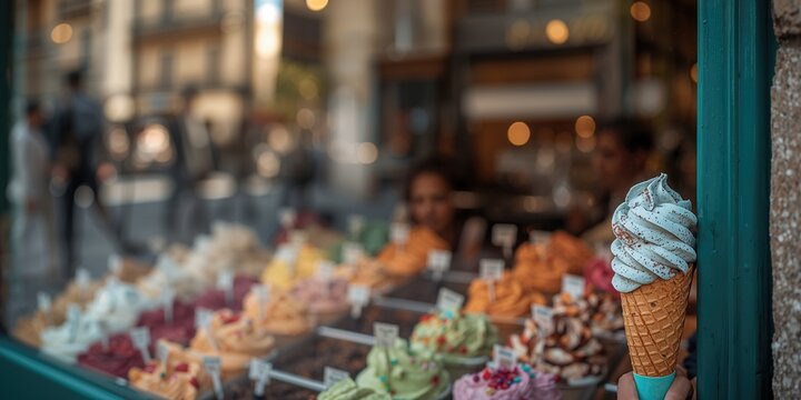 Italian gelato shop in Madrid used as a vibrant background for a photoshoot, lively retail environment