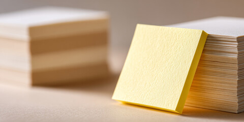 Close-up of yellow sticky notes pad leaning against a large stack of blank beige paper sheets on a neutral surface with soft background
