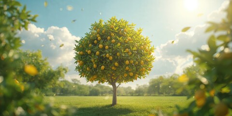 Lemon tree laden with bright yellow fruit amidst lush green leaves in an outdoor setting, highlighting seasonal harvest