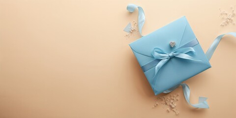Envelope with a heart and ribbon on beige background serving as a UI backdrop, emphasizing simplicity