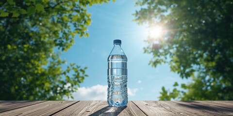 A water bottle on a lush outdoor setting with blue sky and green trees, highlighting water preservation and ecological awareness