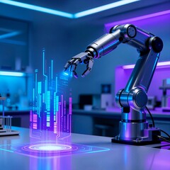 Futuristic robot arm interacting with a glowing holographic interface. Concept of artificial intelligence, innovation, and future technology in a modern laboratory.
