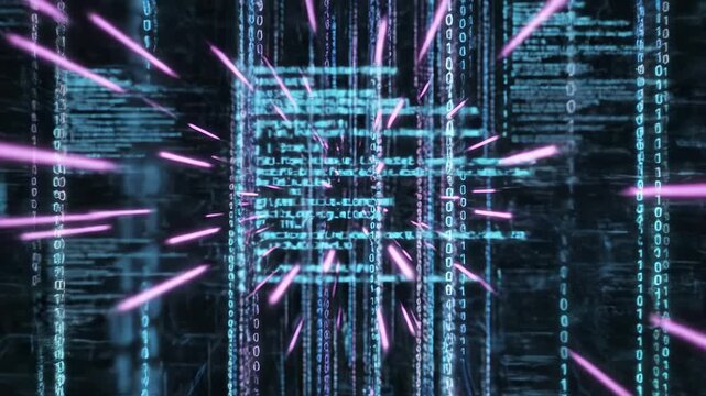 Digital data stream of binary code falling in a tunnel with pink and blue light streaks, representing cyberspace or technology concept