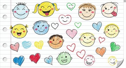 Colorful Hand-Drawn Smiley Faces and Hearts on Notebook Paper for Fun Designs and Projects