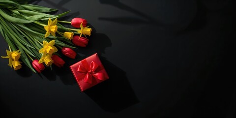 Top-down view of red tulips and daffodils in a gift box with a red ribbon against a black background, ideal for floral display, seasonal decor, International Daffodil Day