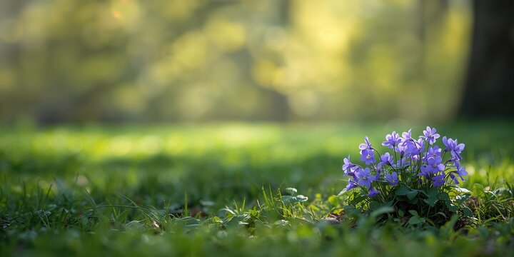Wood violet flowers in bloom, serving as a floral background for text or layout, spring season